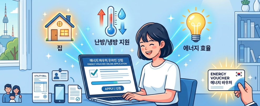 집에서 에너지바우처 온라인 신청 방법을 확인하는 모습